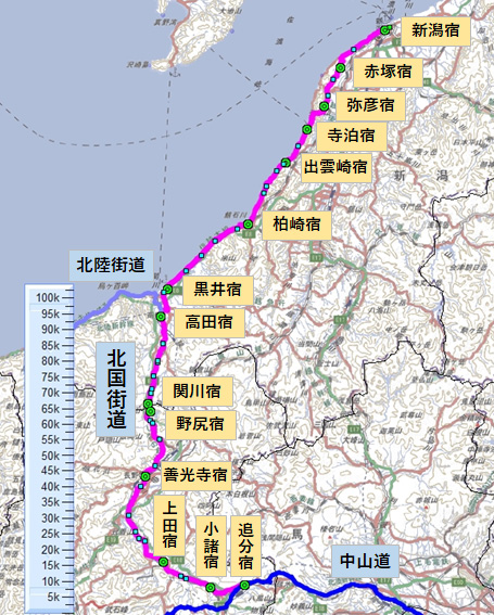 北国街道ルート地図 新潟湊から信州追分宿