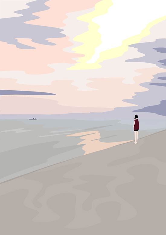 イラスト　一人夕暮れの浜辺