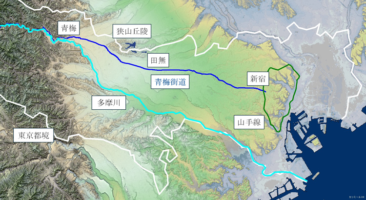 武蔵野台地の高低差図。武蔵野台地は多摩川が作った扇状地。