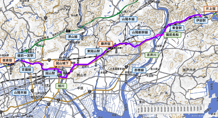 旧山陽道（西国街道）　伊部から岡山城下を通り備前一宮へ
