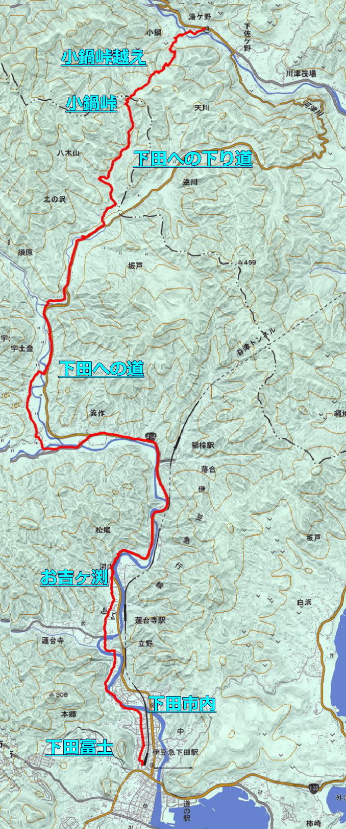 下田街道湯ケ野から下田小鍋峠越え地図